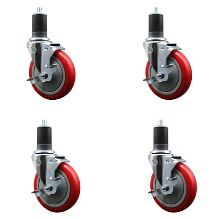 Service Caster 5'' SS Red Poly Swivel 1-5/8'' Expanding Stem Caster Set with Brake, 4PK SCC-SSEX20S514-PPUB-RED-TLB-158-4